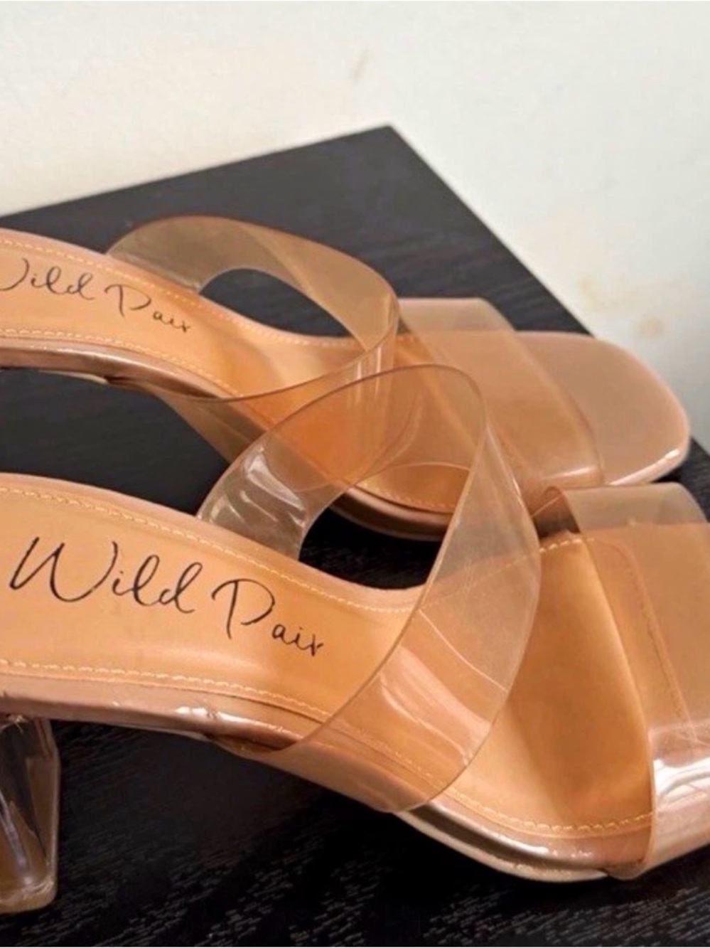Wild Pair Clear Strap Tan Heeled Mules